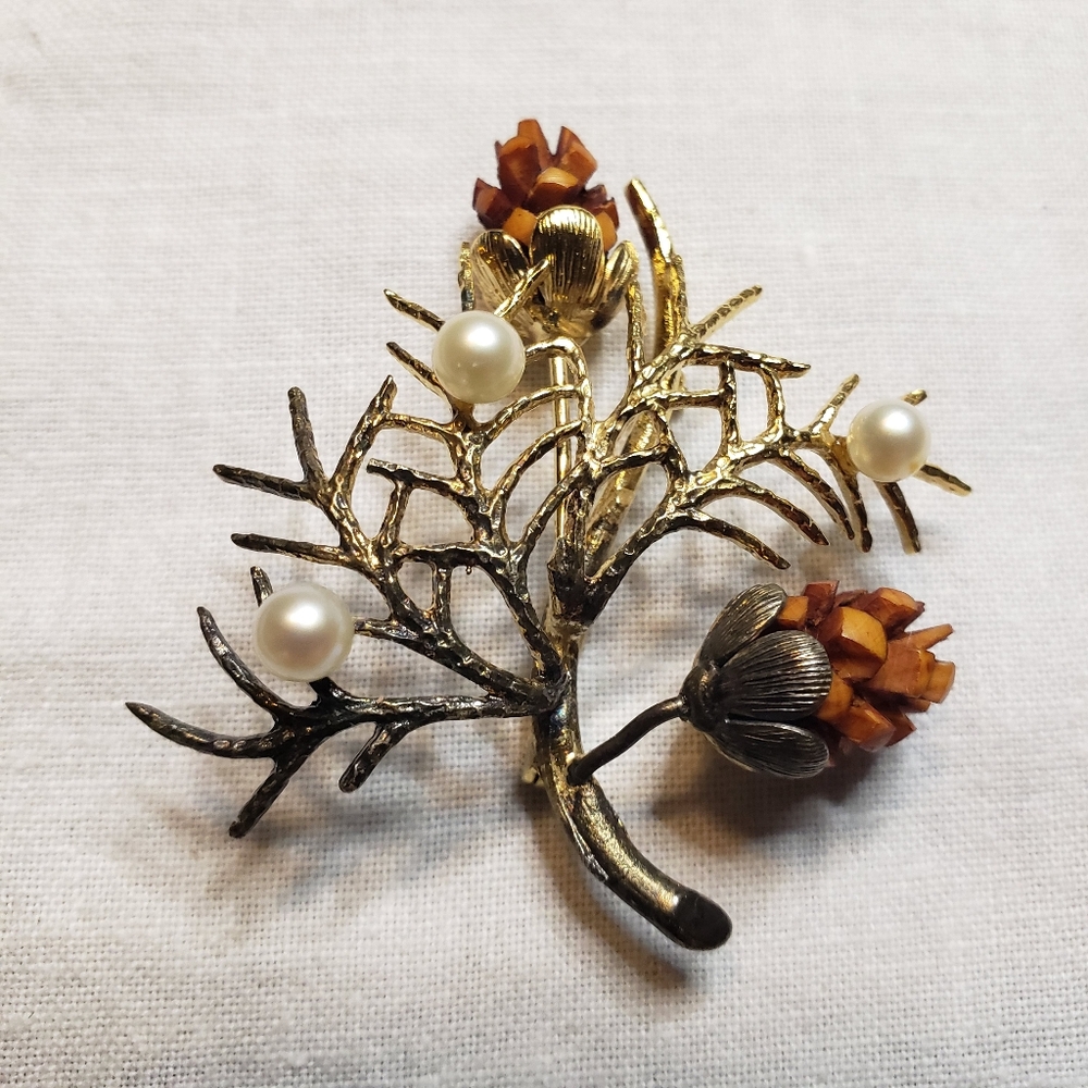 Vintage Wells Sterling Vermeil Pine Cone Pearl Brooch Pin 1940's Stunning Design